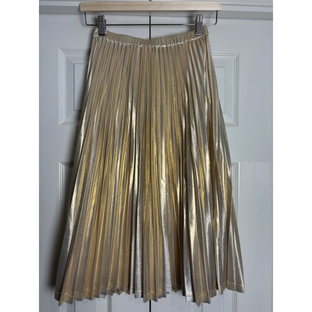 Banana Republic Gold Metallic Pleated Midi Skirt XXS Petite Sunray Accordion